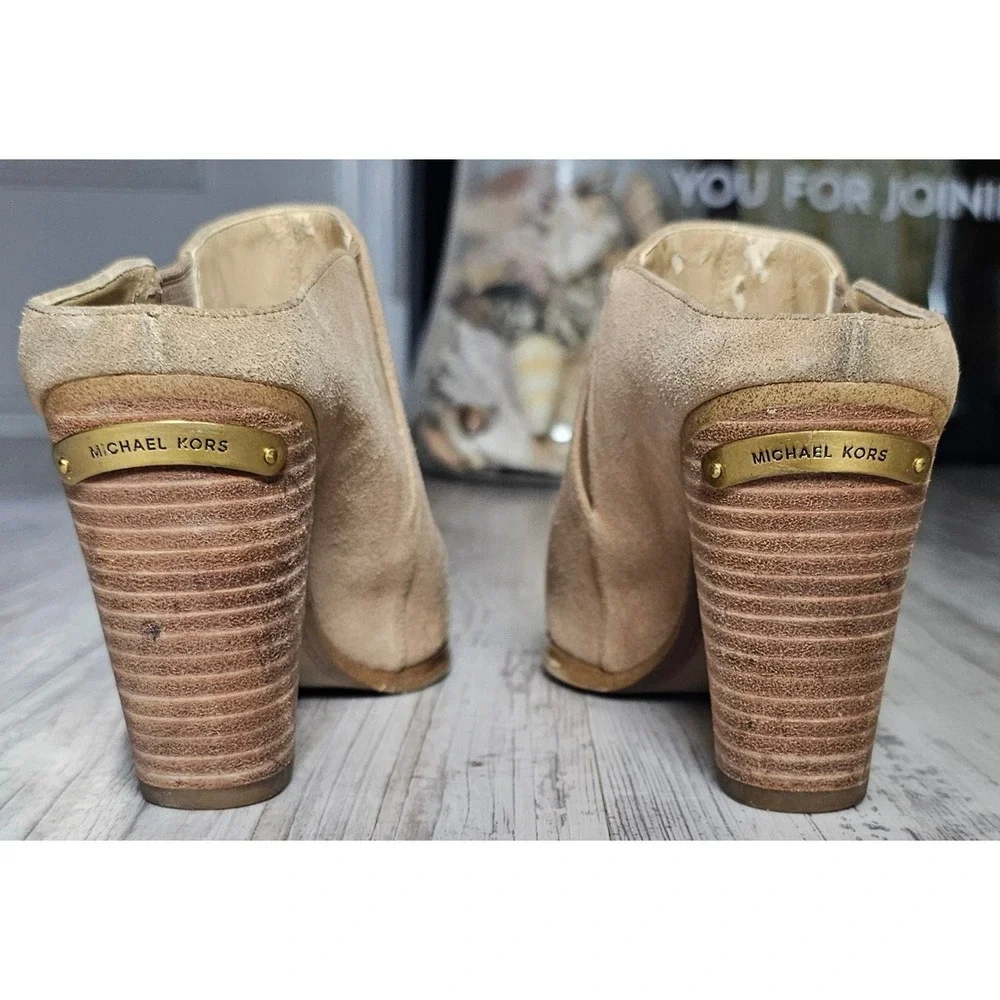 Michael‎ Kors Tan Suede Block Heel Mules Ankle Booties Shoes Women's 8M